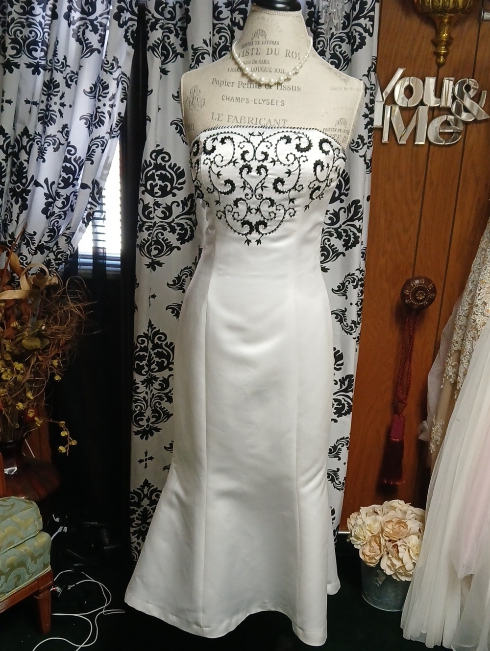 White Strapless Wedding Gown with Black Scroll Embroidery